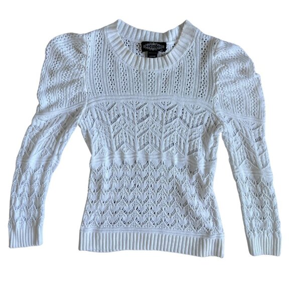 White Puff Sleeve Pointelle Knit Sweater Feminine Textured Pullover Size S/M/L - Picture 3 of 7
